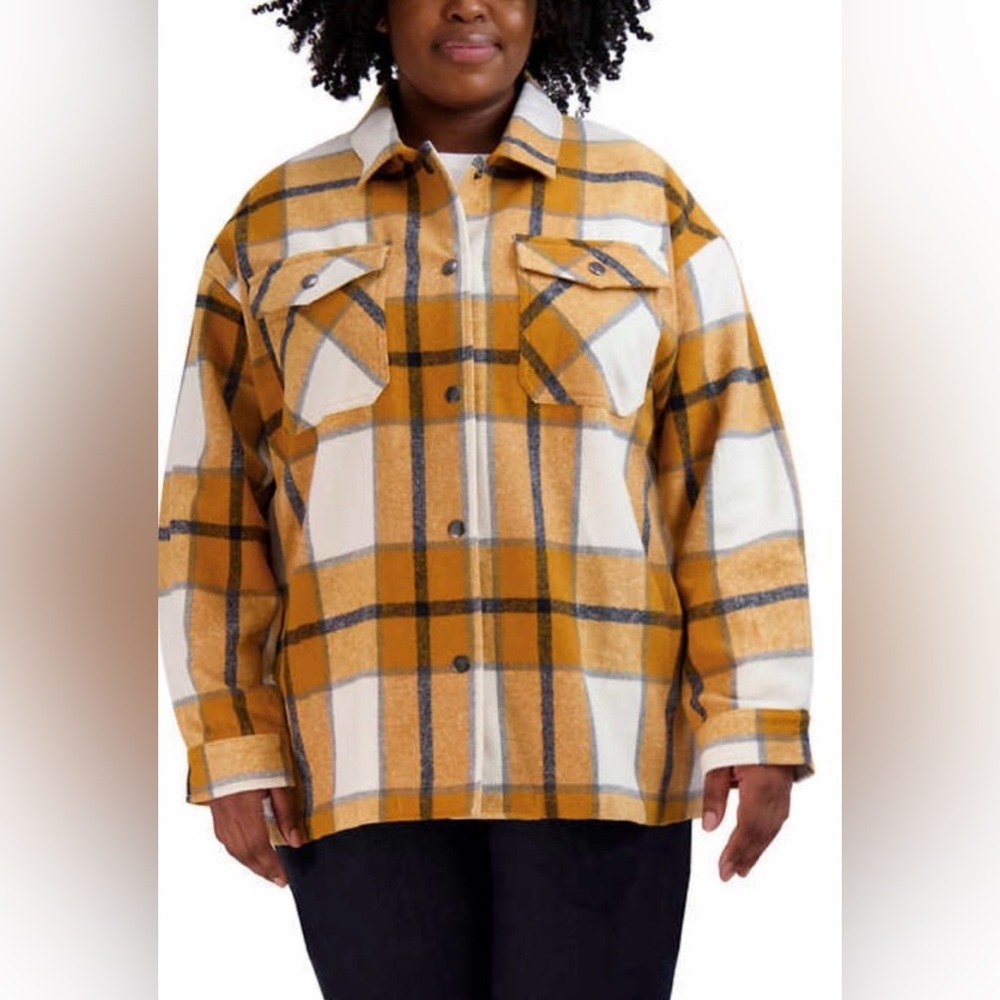 NWT HFX Women’s Yellow / Gokd Plaid LS Snap BD Flannel Shirt Jacket Size  XXL